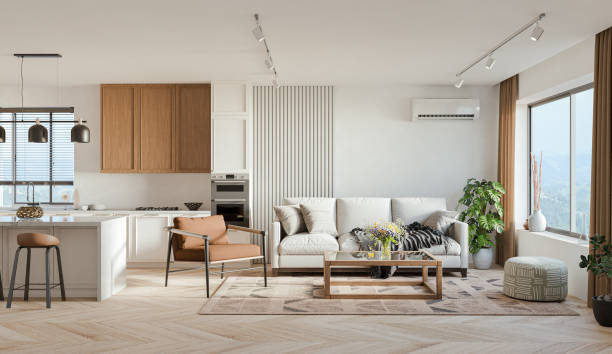 istock Studio room interior with lounge zone and cooking area furnished with sofa and dining table. Modern design solution, 3d rendering 2163400700