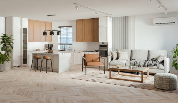 Studio room interior with lounge zone and cooking area furnished with sofa and dining table. Modern design solution, 3d rendering