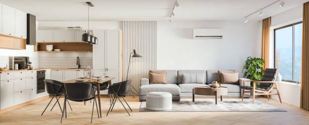 istock Studio room interior with lounge zone and cooking area furnished with sofa and dining table. Modern design solution, 3d rendering 2163400704