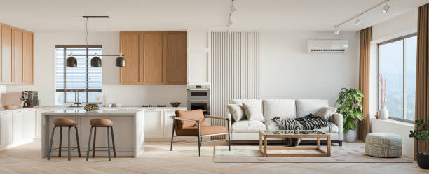 istock Studio room interior with lounge zone and cooking area furnished with sofa and dining table. Modern design solution, 3d rendering 2163400705