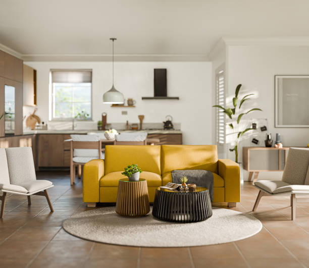 istock Studio room interior with eating space and lounge zone with yellow sofa. Modern design solution, 3d rendering 2163400733