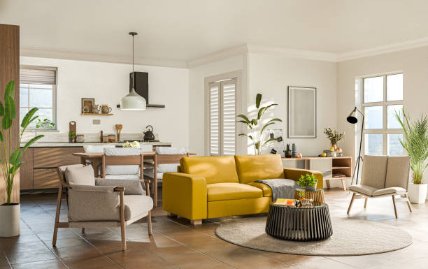 istock Studio room interior with eating space and lounge zone with yellow sofa. Modern design solution, 3d rendering 2163400734