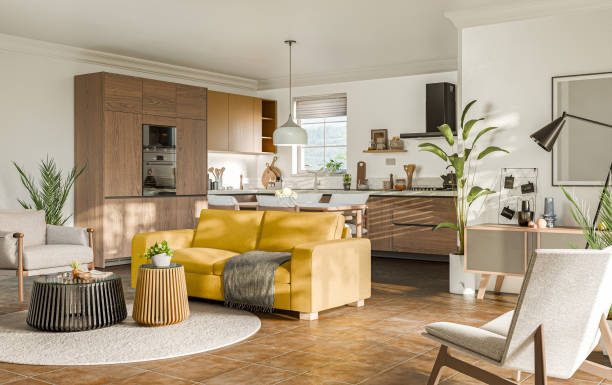 istock Studio room interior with eating space and lounge zone with yellow sofa. Modern design solution, 3d rendering 2163400735
