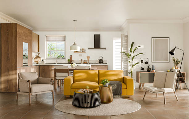 istock Studio room interior with eating space and lounge zone with yellow sofa. Modern design solution, 3d rendering 2163400739