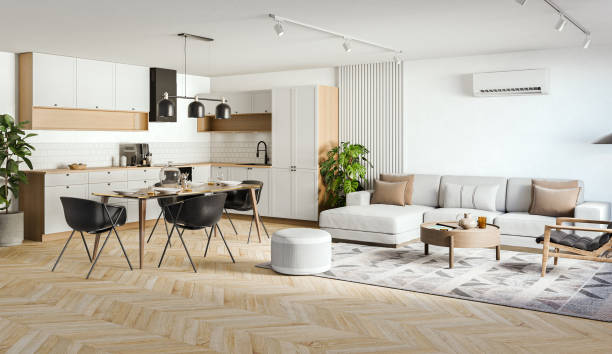 istock Studio room interior with lounge zone and cooking area furnished with sofa and dining table. Modern design solution, 3d rendering 2163401206