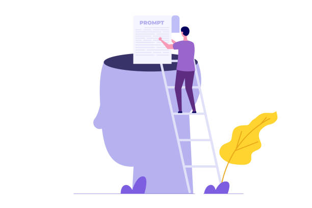 illustrations, cliparts, dessins animés et icônes de personnage travaillant en tant qu’ingénieur d’invite, créant du contenu à l’aide d’un modèle d’ia générative. concept d’intelligence artificielle en entreprise. illustration vectorielle - modèle dia générative