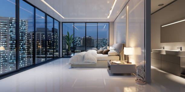 istock 3D panoramic render of luxury modern bedroom with city view. 2163404154