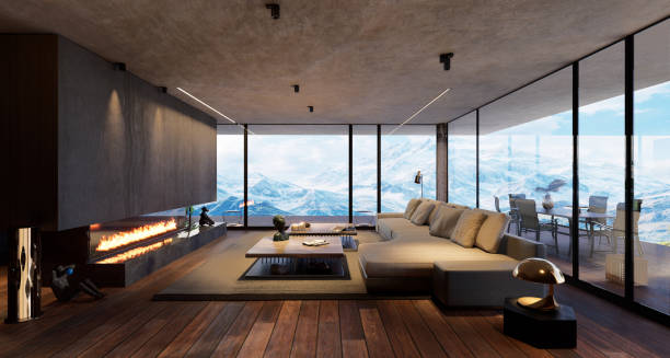 3D render of a cozy livingroom with mountain view.