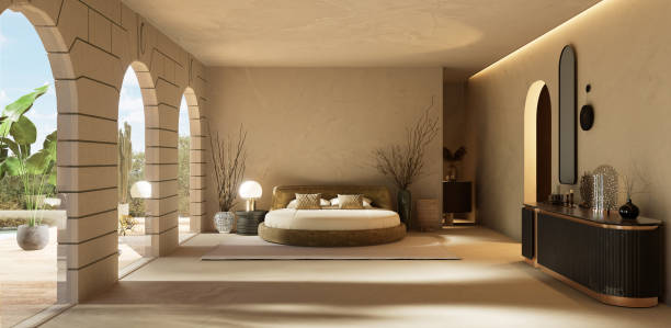istock 3D panoramic render of luxury bedroom with round bed 2163404157