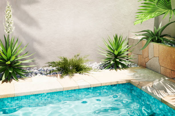 istock Luxury swimming pool with tropical plants and stone path. Poolside patio in mediterranean holiday villa. 2163404340