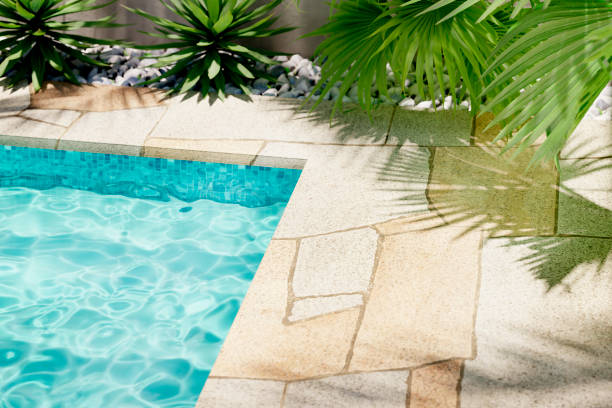 istock Luxury swimming pool with tropical plants and stone path. Poolside patio in mediterranean holiday villa. Top view. 2163404352