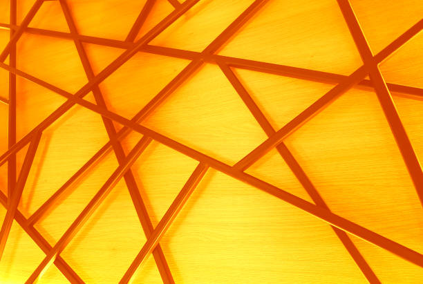 Abstract Illuminated Red Elements In Geometric Structure On Yellow Background