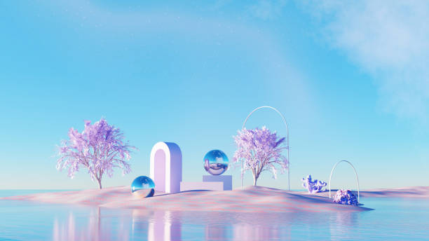 istock 3d Render, Surreal landscape pastel purple island and tree with abstract geometric shape arch and metallic ball over blue sky background. 2163406926