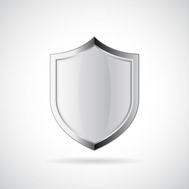 Silver metallic glass shield icon Silver metallic glass shield icon on white background shield stock illustrations