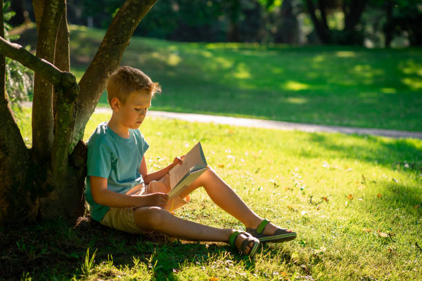 istock A boy in a blue T-shirt reads a book in a park under a tree 2163411795
