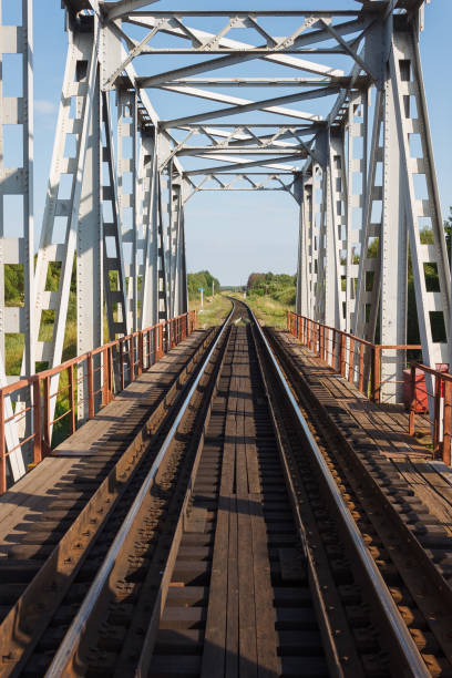 Train tracks extend over a serene river, surrounded by vibrant greenery and trees, showcasing the blend of nature and rail infrastructure in a rural setting.