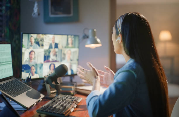 istock Remote work, conference and woman in video call on computer in home for internet podcast or meeting. Working, conversation and online business webinar with digital talk for workshop with speaker 2163414538