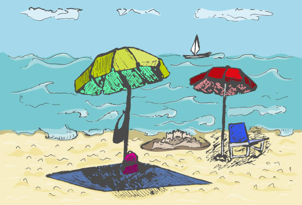 istock Beach with umbrellas and chairs. Rest by the sea. Vector illustrations. 2163417766