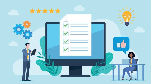 istock Flat design vector. Checklist on monitor screen. Businessman standing with tablet, woman is sitting and working on laptop. Around them are 5 star review, cogs, bulb and thumbs up icon. 2163418017