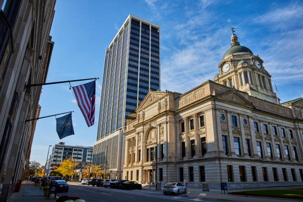 istock Historical Courthouse and Modern Skyscraper in Urban America 2163424643