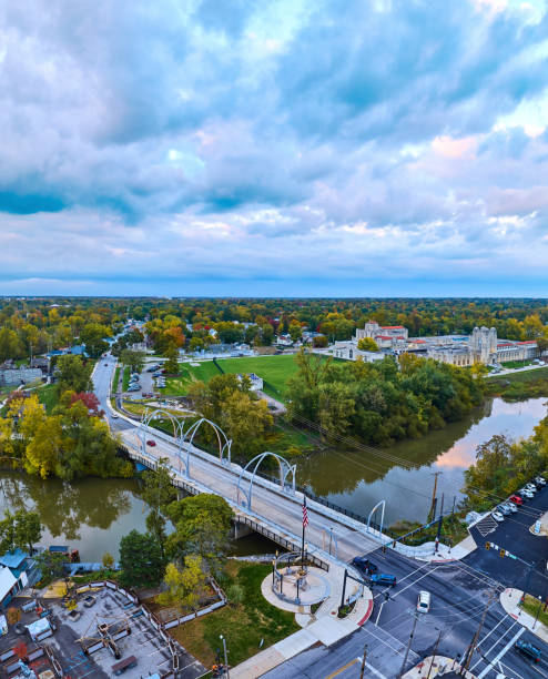 istock Aerial Autumn Bridge Reflection in Urban Landscape - Inverted View 2163424744