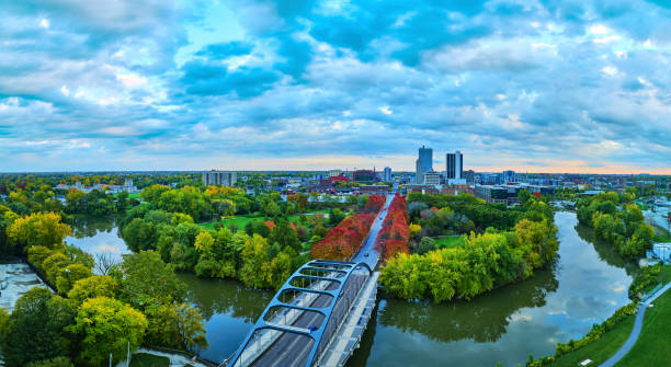 Aerial Panorama Autumn Sunset Skyline Over Fort Wayne River
