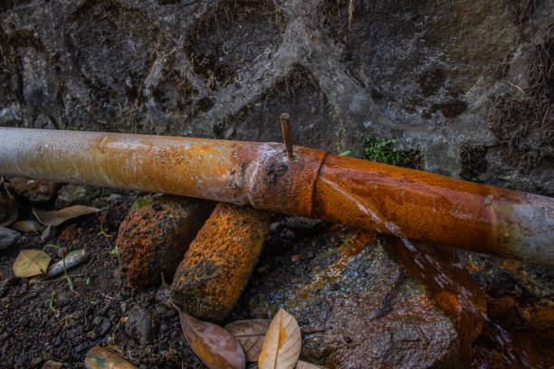 istock Rusty pipe with water coming out of it 2163425347
