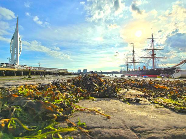 Ship and Spinnaker tower in Portsmouth, seaside and houses, seaweed, docks