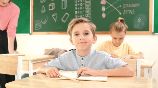 istock Happy caucasian boy looking at camera while studying math at school. Pedagogy. 2163434989