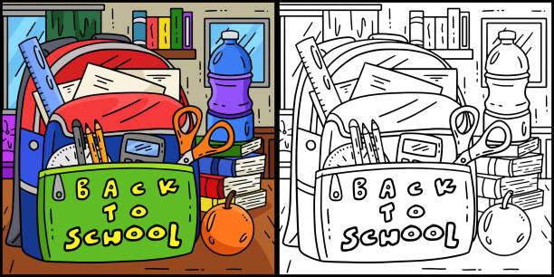 First Day of School Back to School Bag This coloring page shows a First Day of School Back to School Bag. One side of this illustration is colored and serves as an inspiration for children. back to schoo stock illustrations