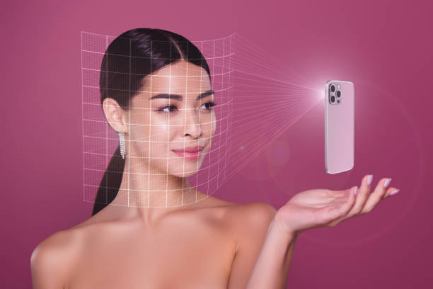 istock Creative 3d abstract collage of asian lady using gadget for testing skin app scanning face 2163437794