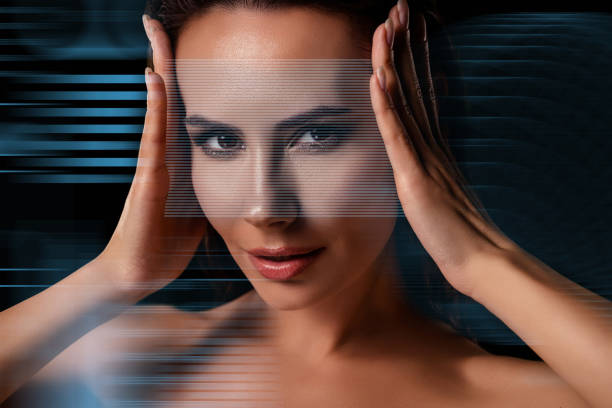 istock Creative artwork 3d digital collage of  woman hold hands using hologram lines for testing facelifting 2163437844