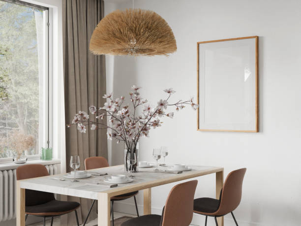 istock Frame mockup interior, mockup frame, poster wood in empty one frame picture interior in dining room in illustration 3d rendering. 2163438347