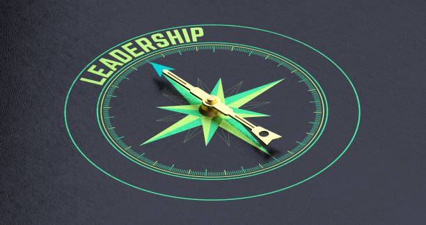 istock Compass Arrow Pointing to 'Leadership' on Black Background - Emphasizes Guidance and Strategic Direction. Adaptable and easy to crop to different sizes. 3D rendering. 2163441218