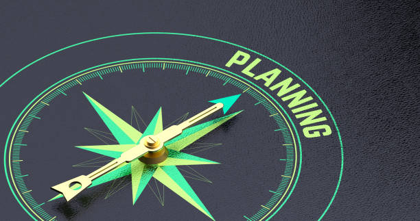 istock Compass Arrow Pointing to 'Planning' on Black Background - Highlighting Strategic Preparation and Organization. 3D rendering. 2163441219