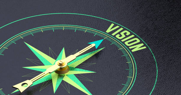 Compass Arrow Pointing to 'Vision' on Black Background - Guiding Future Goals and Strategic Planning. 3D rendering.