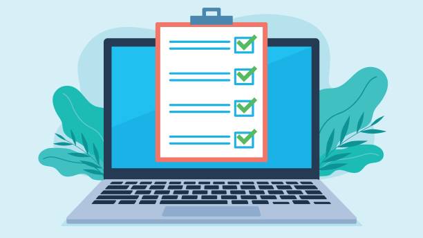istock Notebook with a sheet of paper with a checklist on a laptop screen. The answers are well marked. The markers are green. Flat design vector. 2163444293