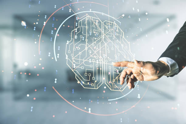 istock Double exposure of man hand working with creative human brain microcircuit hologram on blurred office background. Future technology and AI concept 2163444873