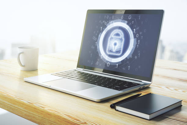 istock Modern computer monitor with creative lock hologram and chip. Information security concept. 3D Rendering 2163444958