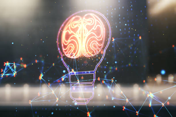 istock Abstract virtual creative light bulb with human brain hologram on contemporary business center exterior background, artificial Intelligence and neural networks concept. Multiexposure 2163445034