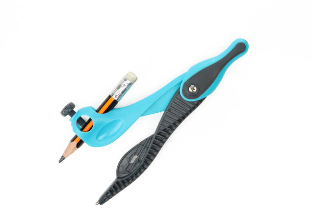 Blue plastic drawing compass with small used pencil isolated on white background