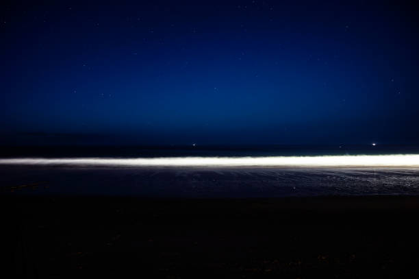 Long exposure of Atlantic Ocean in Salisbury, Massachusetts, with sky and stars during summer blue hour,