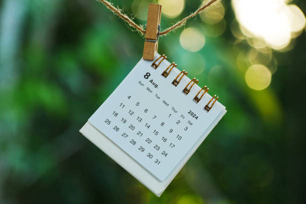 istock August 2024, August 2024 calendar hanging on a rope with bokeh background 2163458574