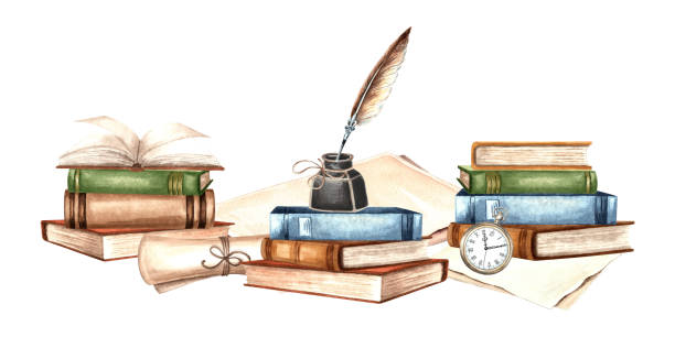 Books and writing supplies. Inkwell, feather pen and papyrus paper scroll. Hand drawn watercolor illustration isolated. Knowledge for all. Education concept. Clipart for card, website, print, sticker. Books and writing supplies. Inkwell, feather pen and paper sheets. Hand drawn watercolor illustration isolated. Knowledge for all. Education concept. Clipart for card, website, print, sticker clip art of scroll quill stock illustrations