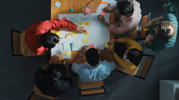 istock Top view of diverse people writing and making scrum task board. Convocation. 2163463886