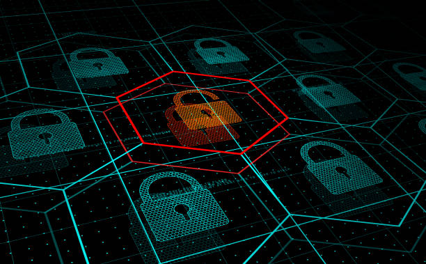Cyber attack, system under threat, DDoS attack Cyber attack, system under threat, DDoS attack. Camera flies frough HUD blue hexagons and padlocks, but one of them hacked. Cyber security and hacking concept. Vector illustration. threats stock illustrations