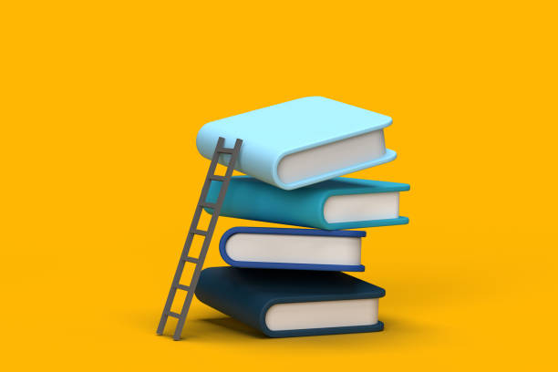 3D rendered ladder leaning against a stack of flying books. A mise-en-scene symbolizing that one can reach the top in life by working.