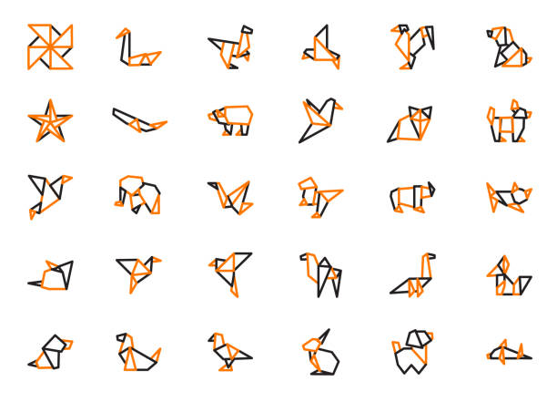 Origami Animals and Shapes Line Icons Set, Editable Stroke, Vector Illustration This image features a comprehensive line icons set representing origami animals and shapes. The set includes detailed vector illustrations of various origami figures such as birds, animals, stars, and geometric shapes. The black and orange color scheme adds a modern and artistic feel, making these icons ideal for creative, educational, and artistic projects. The icons feature an editable stroke for customization. cat origami stock illustrations