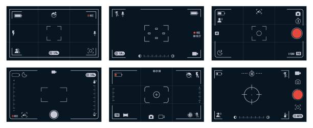 Mobile camera viewfinder. Smartphone viewfinders screen mobile camera with photo and video settings, grid, grid, focus, exposure, zoom and flash icons. Vector overlay for phone camera viewfinder Mobile camera viewfinder. Smartphone viewfinders screen mobile camera with photo and video settings, grid, grid, focus, exposure, zoom and flash icons. Vector overlay for phone camera viewfinder. computer settings screen stock illustrations