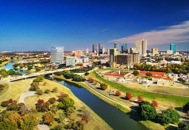 istock Fort Worth Aerial With River And Bridge 2163489331